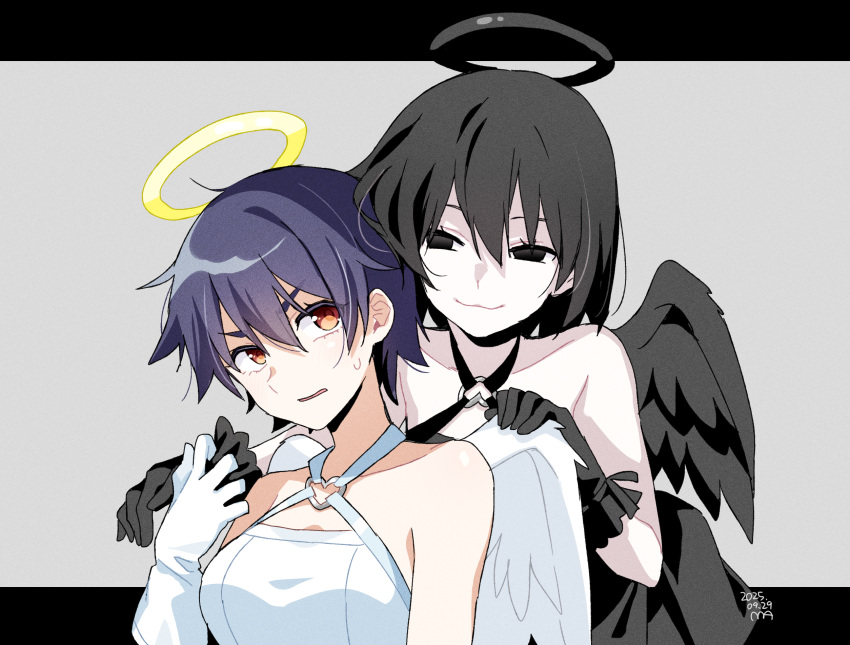 2girls, :3, angel, angel_wings, artist_name, backless_dress, backless_outfit, bare_shoulders, black_border, black_dress, black_eyes, black_gloves, black_halo, black_wings, bob_cut, border, breasts, closed_mouth, collarbone, commentary, curled_fingers, dated, dress, empty_eyes, fallen_angel, feathered_wings, film_grain, frilled_gloves, frills, front-to-back, gloves, grey_background, hair_between_eyes, halo, halter_dress, halterneck, hand_on_another's_wing, hand_on_another's_wrist, heads_together, heart, heart_o-ring, highres, kanbaru_suruga, large_breasts, leaning_forward, letterboxed, looking_at_another, looking_back, looking_up, loose_hair_strand, manimani_(mani_ma), monogatari_(series), multiple_girls, narrowed_eyes, nervous, nervous_sweating, o-ring, oshino_ougi, outside_border, parted_lips, purple_hair, short_hair, simple_background, sleeveless, sleeveless_dress, small_breasts, smile, smug, sweat, sweatdrop, thick_eyebrows, upper_body, v-shaped_eyebrows, very_short_hair, white_dress, white_gloves, white_wings, wings, yellow_halo