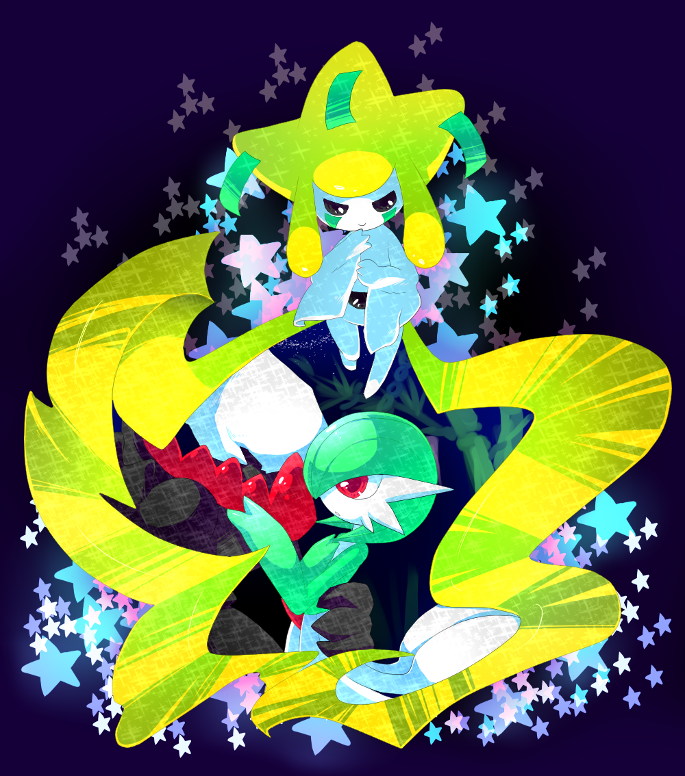 darkrai, gardevoir, green_hair, jirachi, mogumogu_mole, mogura_(susutake), no_humans, pokemon