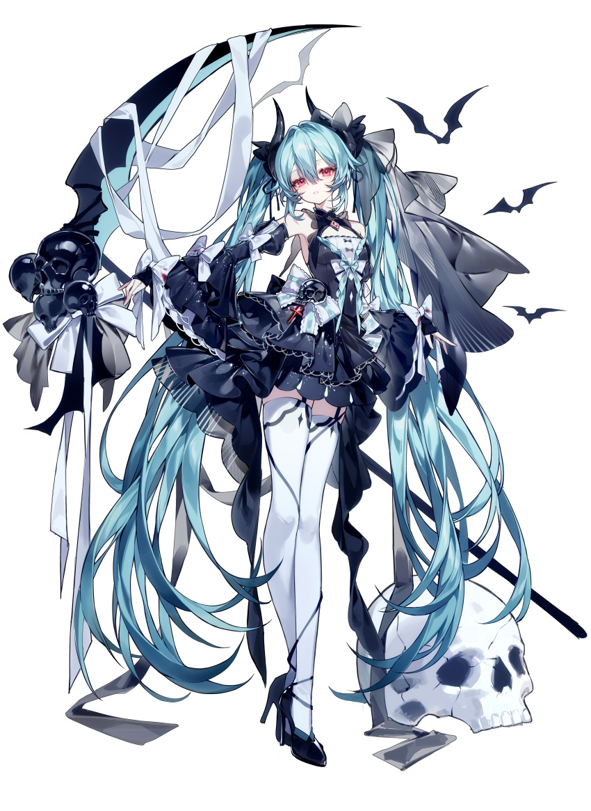 1girl, absurdres, aqua_hair, bare_shoulders, bat_(animal), black_dress, black_horns, borrowed_character