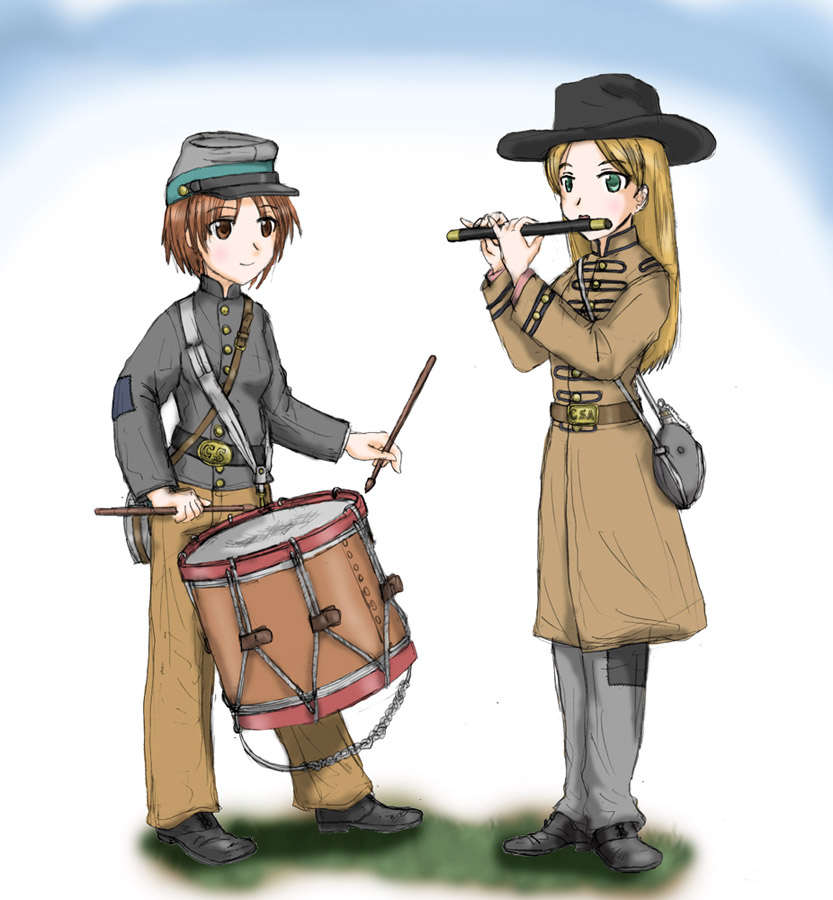 belt, blonde_hair, brown_hair, canteen, confederate_states_of_america, drum, ernest, fife_(instrument), hat, instrument, long_hair, military, military_uniform, short_hair, uniform, war