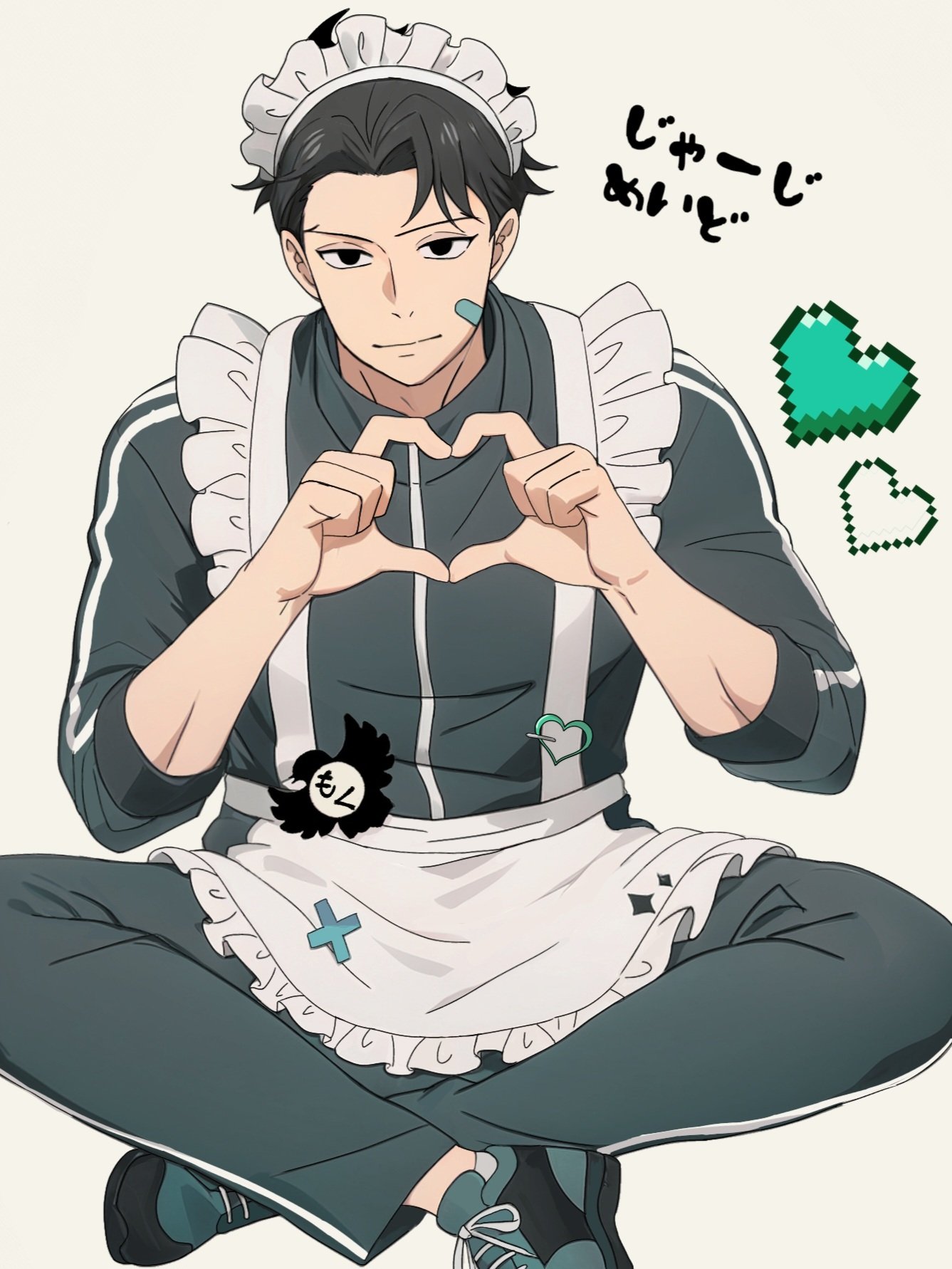 1boy, apron, bandaid, bandaid_on_face, black_eyes, black_hair, commentary_request, crossdressing