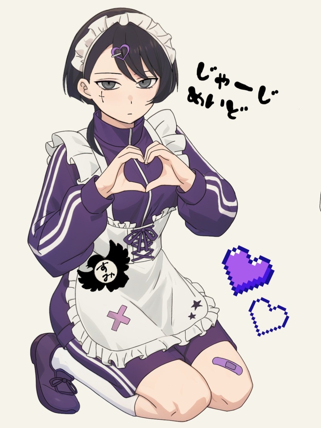 1girl, apron, asymmetrical_bangs, bandaid, bandaid_on_leg, black_hair, commentary_request, cross_tattoo