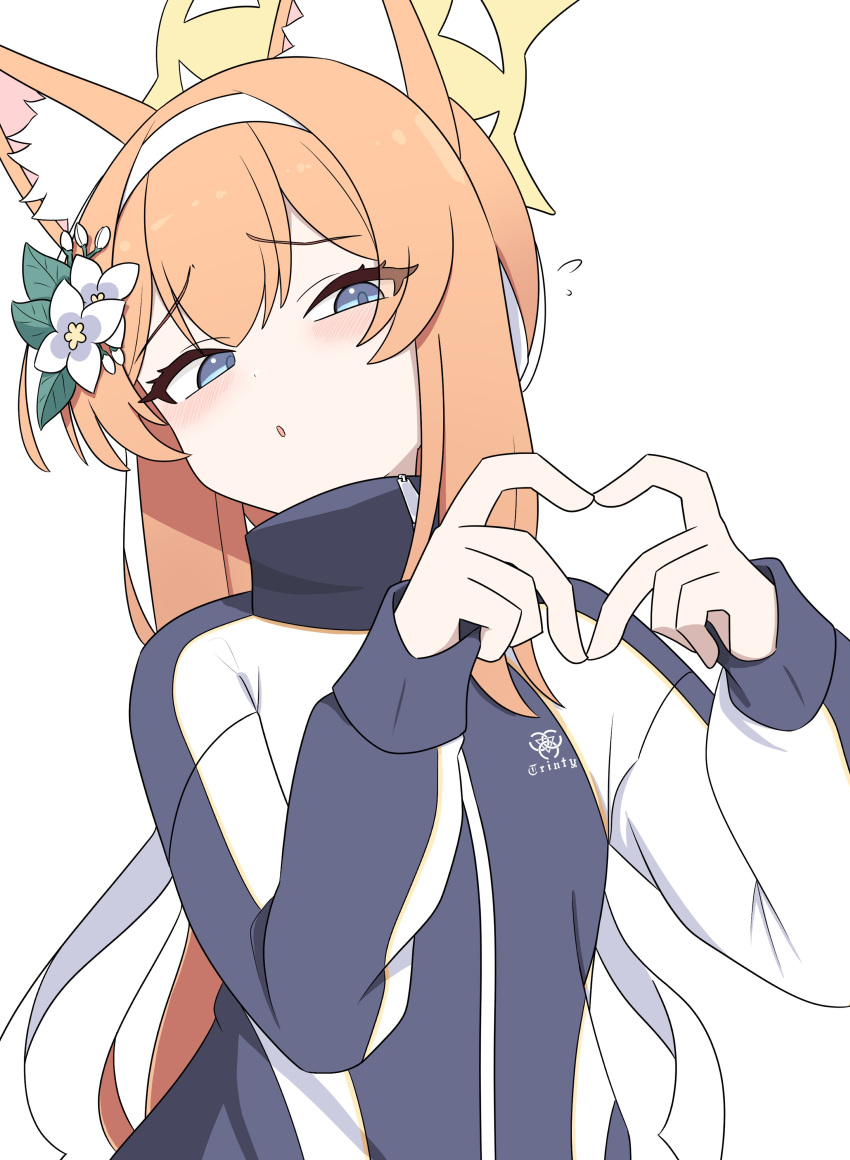 1girl, absurdres, animal_ear_fluff, animal_ears, blue_archive, blue_eyes, blush, cat_ears, cat_girl, flower, fukunao, gym_uniform, hair_flower, hair_ornament, hairband, halo, heart, heart_hands, highres, jacket, long_hair, long_sleeves, looking_at_viewer, mari_(blue_archive), mari_(track)_(blue_archive), multicolored_jacket, official_alternate_costume, orange_hair, parted_lips, simple_background, solo, track_jacket, two-tone_jacket, upper_body, white_background, white_flower, white_hairband, yellow_halo