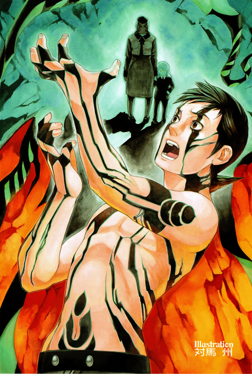 1girl, 2boys, absurdres, arms_up, artist_name, black_hair, body_markings, brown_eyes