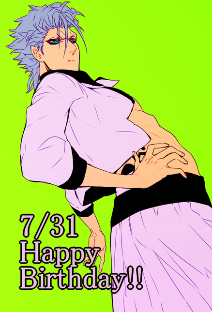 1boy, amiya64k7, back_tattoo, bleach, blue_eyes, blue_hair, commentary_request, cowboy_shot, dated, from_below, from_side, frown, green_background, grimmjow_jaegerjaquez, hand_on_own_hip, happy_birthday, hole_in_back, hole_on_body, jacket, male_focus, no_shirt, solo, tattoo, white_jacket