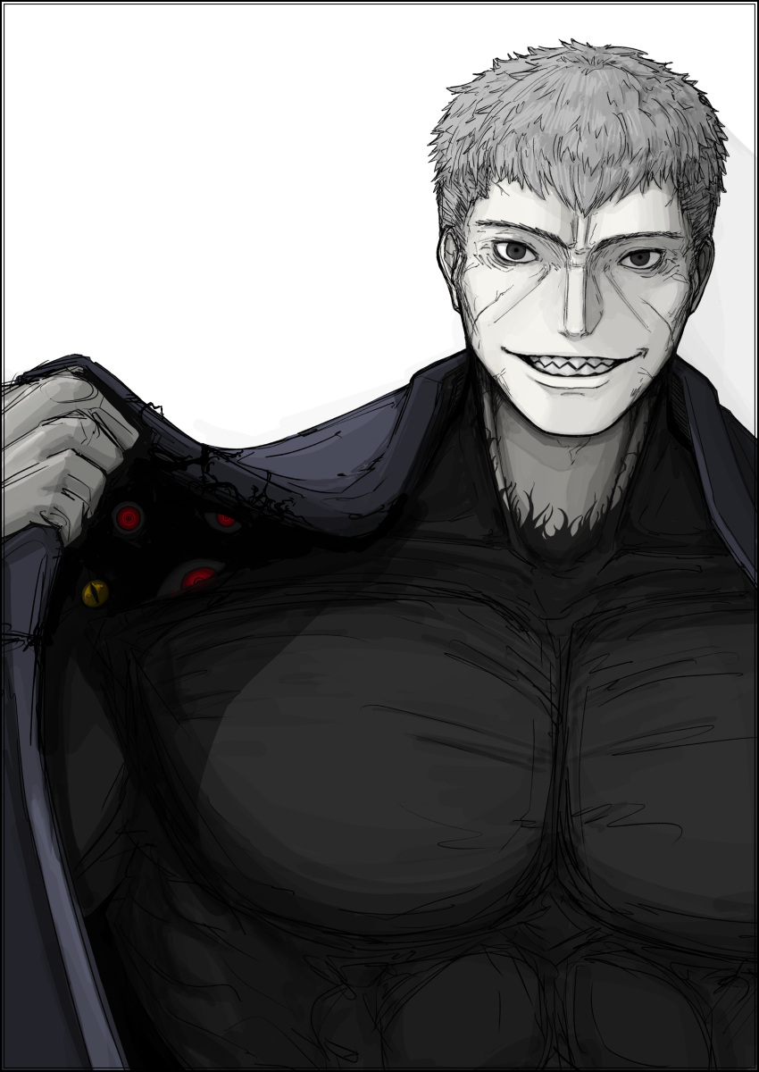 1boy, abs, absurdres, biceps, black_skin, coat, colored_skin, commentary_request