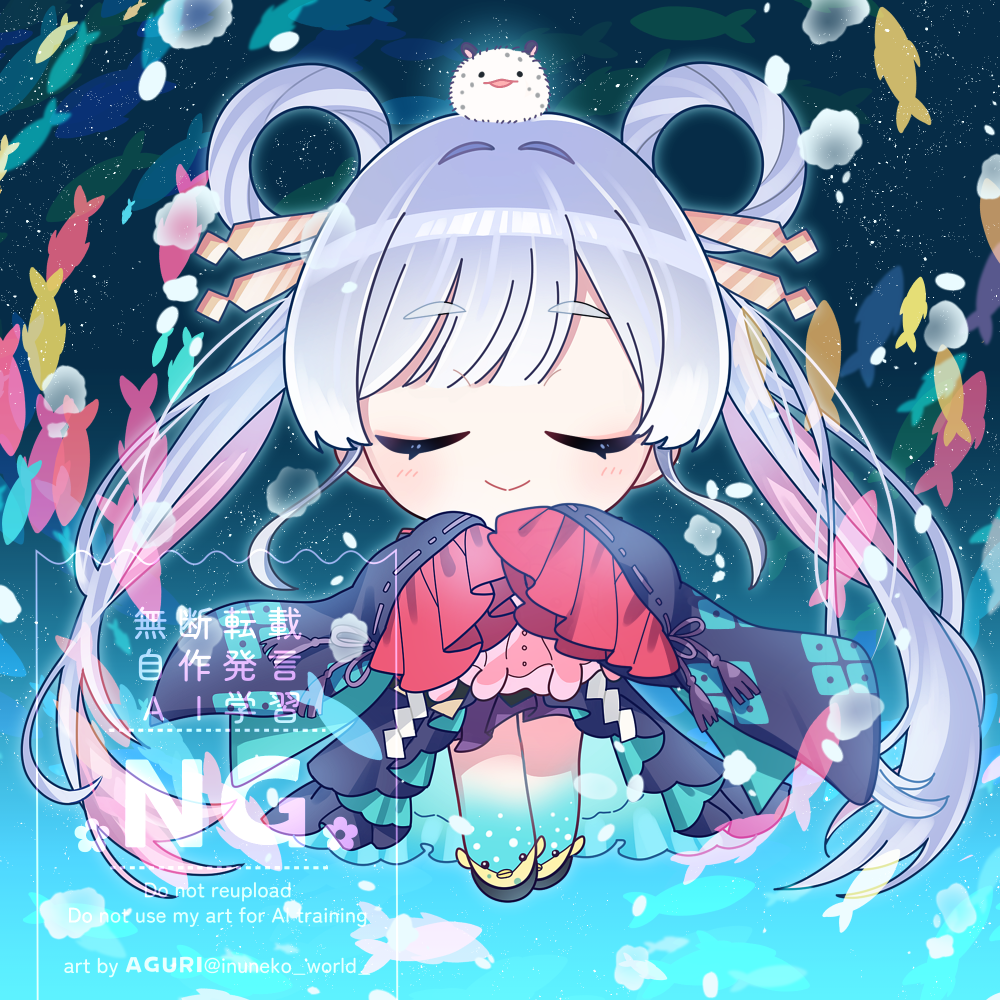 1girl, aguri_(aaa_guwo), blue_background, blue_kimono, chibi, chibi_only, cho_kaguya-hime!, closed_eyes