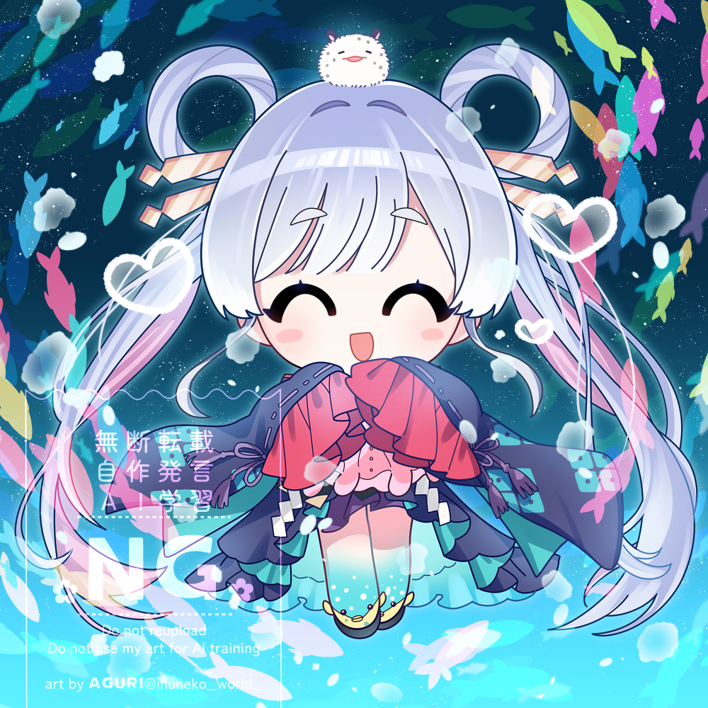 1girl, aguri_(aaa_guwo), blue_background, blue_kimono, chibi, chibi_only, cho_kaguya-hime!, closed_eyes