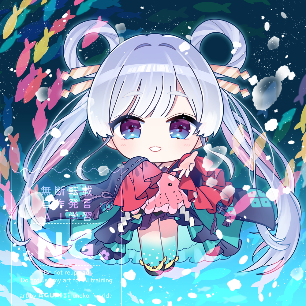 1girl, aguri_(aaa_guwo), blue_background, blue_eyes, blue_kimono, chibi, chibi_only, cho_kaguya-hime!
