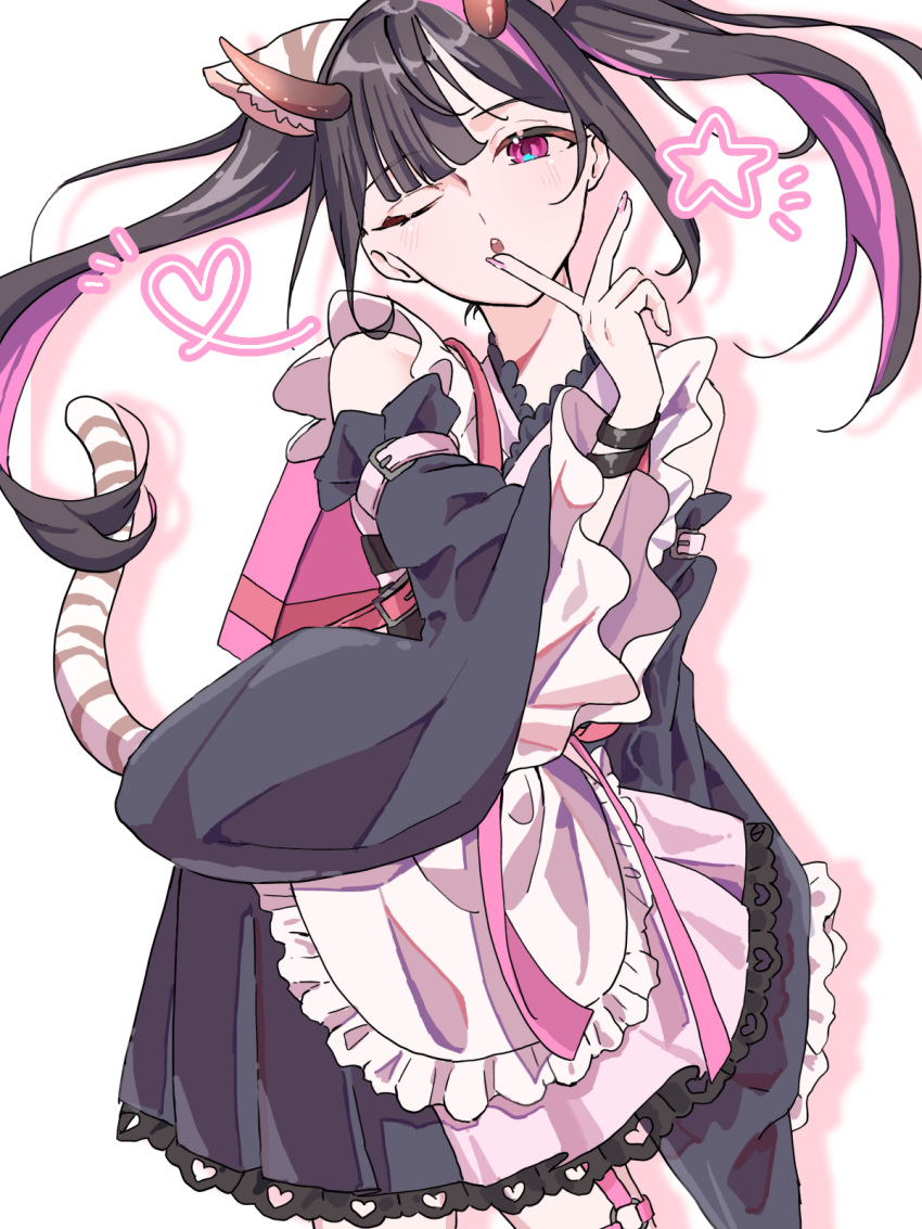 1boy, animal_ear_fluff, animal_ears, backpack, bag, black_hair, blunt_bangs, bracelet, cho_kaguya-hime!, commentary_request, cowboy_shot, crossdressing, crossdressing_(mtf), detached_sleeves, finger_to_mouth, frilled_kimono, frilled_sleeves, frills, gradient_horns, hand_up, heart, highres, horns, japanese_clothes, jewelry, kimono, kimono_dress, komazawa_noi, long_hair, long_sleeves, looking_at_viewer, male_focus, multicolored_hair, multicolored_horns, one_eye_closed, pink_bag, pink_eyes, pink_kimono, pink_streaks, solo, standing, star_(symbol), streaked_hair, t_maguo, tail, tiger_ears, tiger_tail, trap, twintails, white_background, wide_sleeves