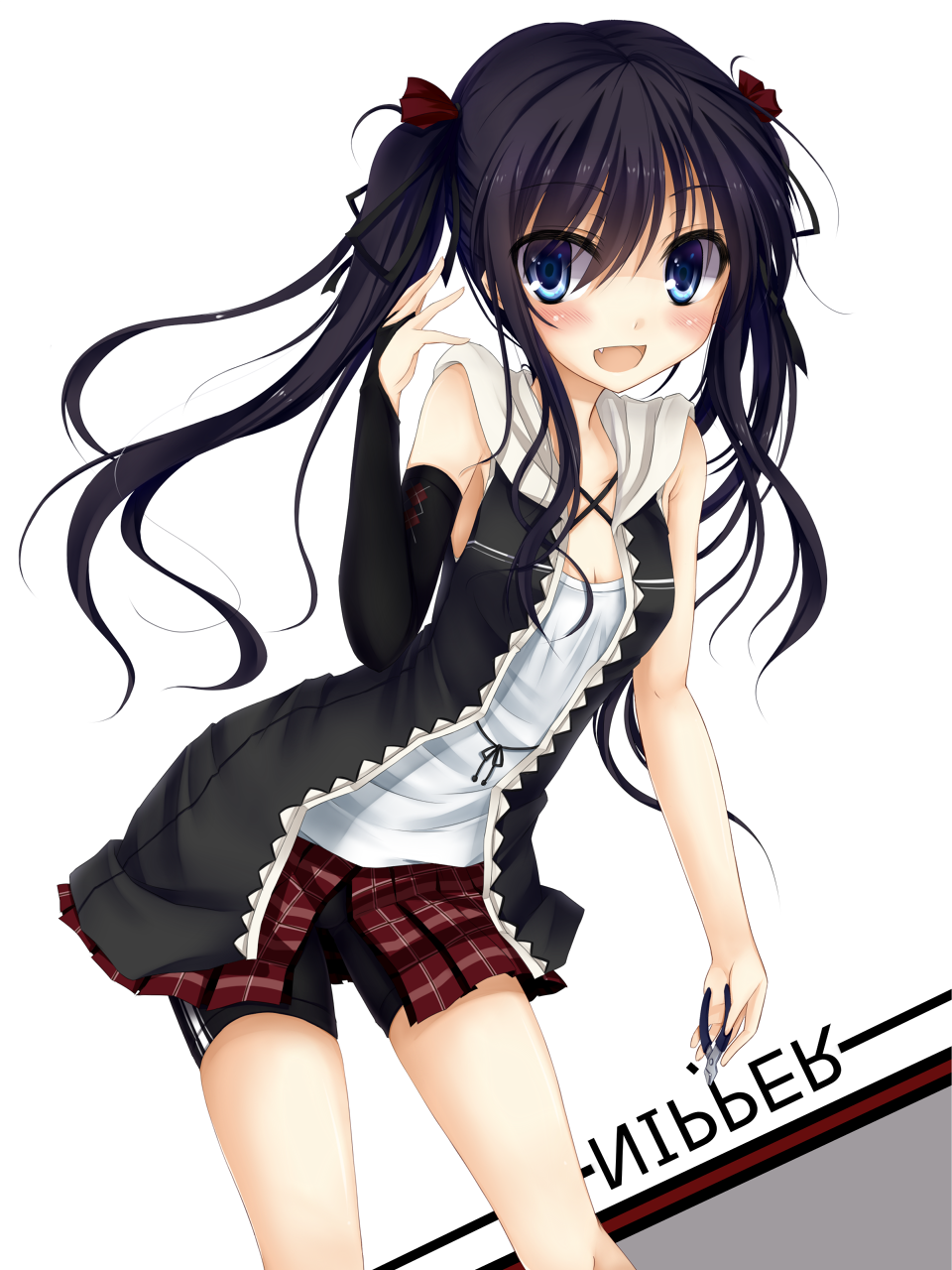 black_hair, blue_eyes, blush, bridal_gauntlets, fang, hair_ribbon, highres, kaguyuu