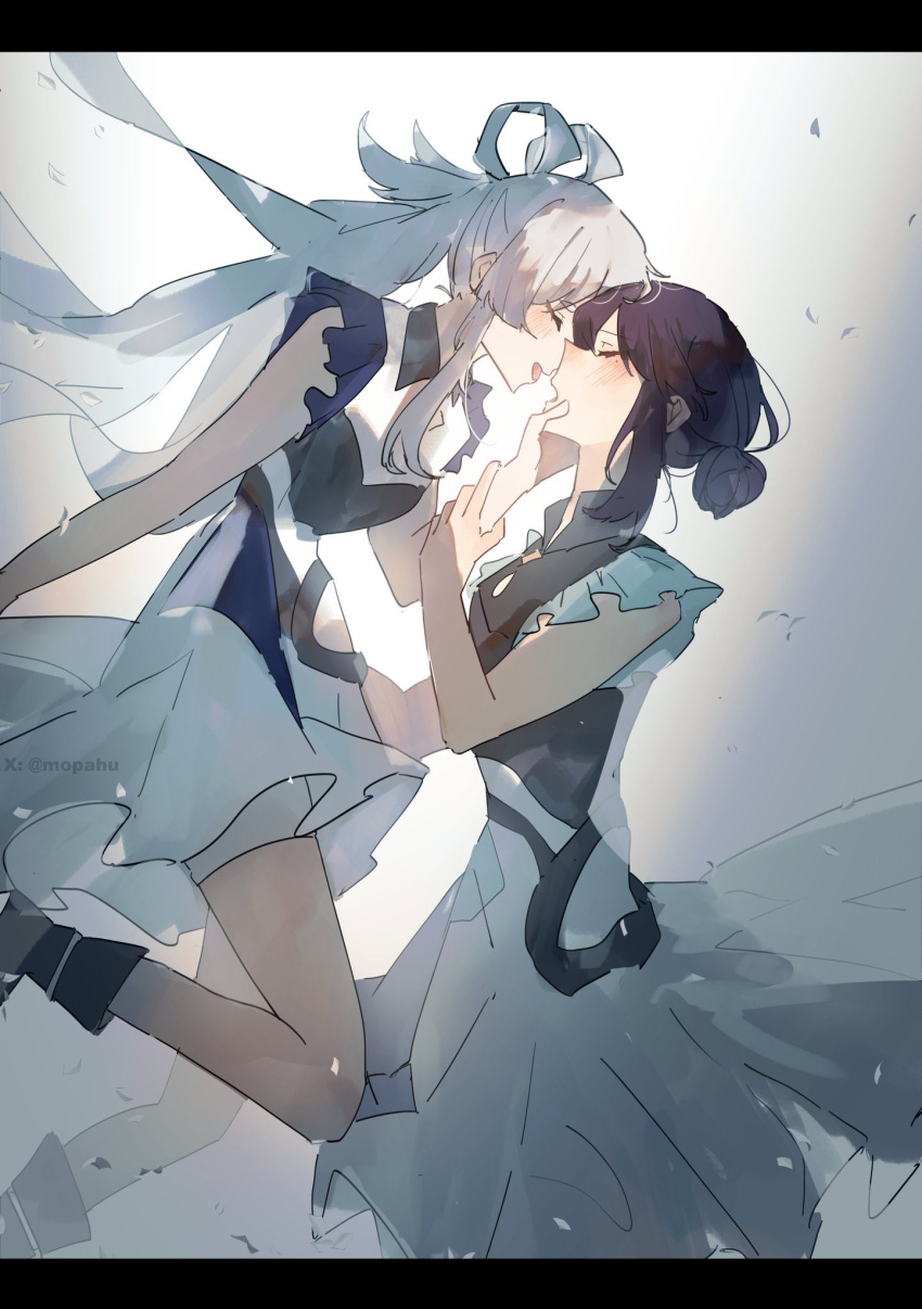 2girls, bare_arms, black_boots, black_dress, blush, boots, cho_kaguya-hime!, closed_eyes