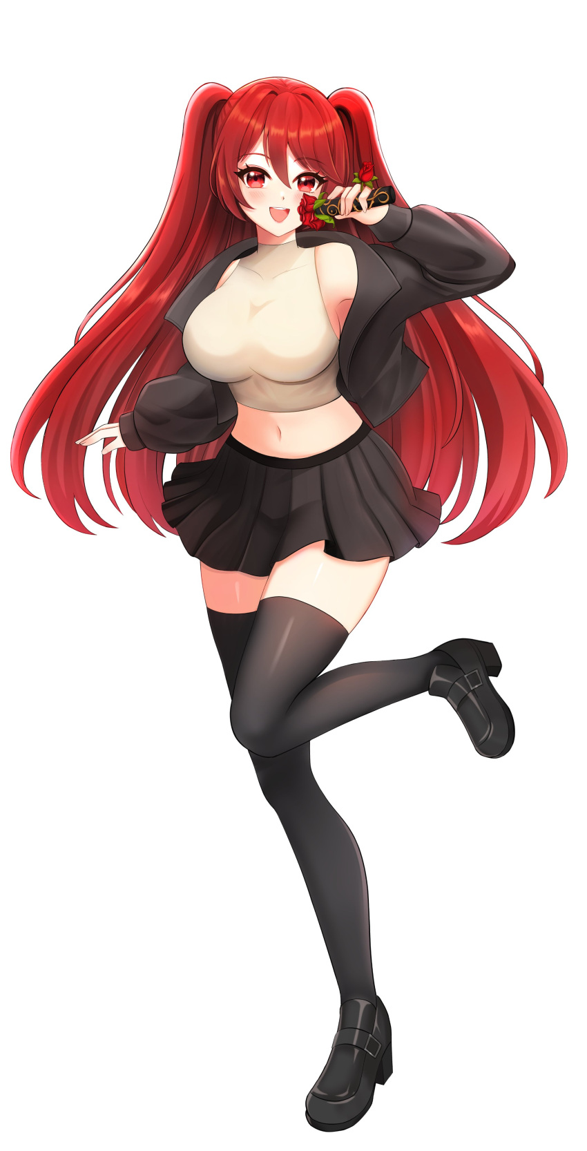 1girl, :d, absurdres, black_jacket, black_shoes, black_skirt, black_thighhighs, blush, collarbone, commission, crop_top, fiverr_commission, flower, full_body, hair_between_eyes, highres, holding, holding_microphone, indie_virtual_youtuber, jacket, jacket_partially_removed, looking_at_viewer, microphone, midriff, navel, red_eyes, red_flower, red_hair, red_rose, rizuchi, rose, second-party_source, shirt, shoes, sidelocks, skirt, sleeveless, sleeveless_shirt, smile, solo, standing, standing_on_one_leg, teeth, thigh-highs, upper_teeth_only, virtual_youtuber, white_background