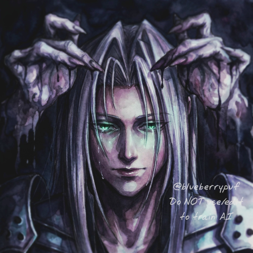 1boy, 1other, aqua_eyes, armor, black_coat, closed_mouth, coat, commentary