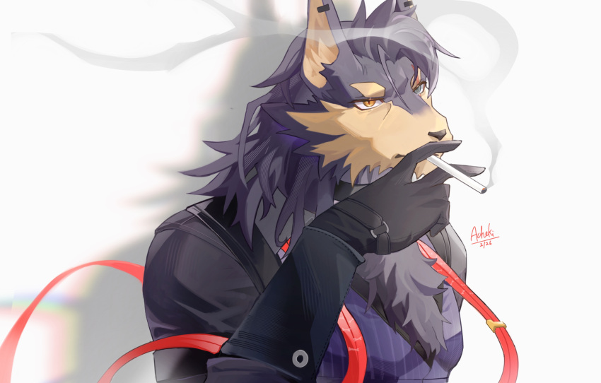 1boy, acheki, animal_ears, artist_name, cigarette, commentary, dated, dog_boy