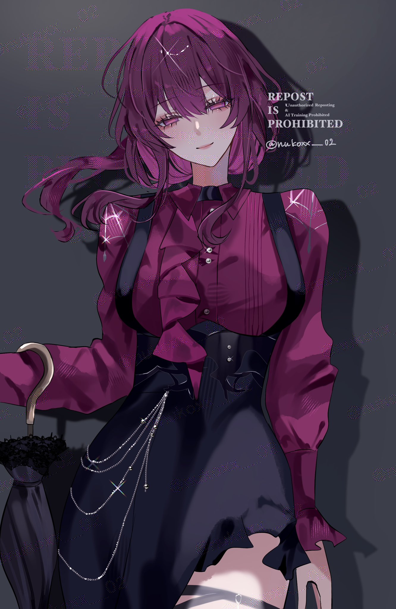 1girl, arthropod_girl, artist_name, bare_legs, black_umbrella, breasts, bug, buttons