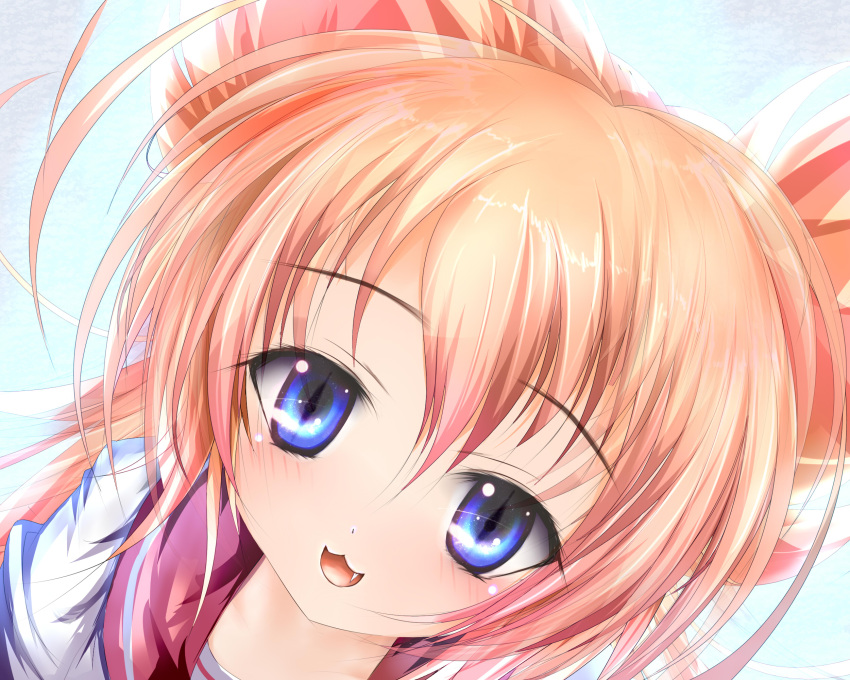 andou_mirai, animal_ears, blonde_hair, blue_eyes, blush, cat_ears, close, fang
