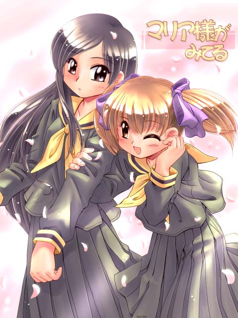 2girls, bad_id, black_eyes, black_hair, black_serafuku, black_shirt, black_skirt, bow