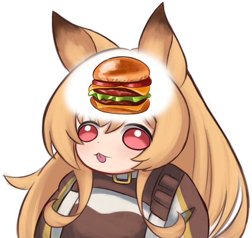 1girl, :3, absurdres, animal_ears, arknights, brown_hair, burger, ceobe_(arknights)