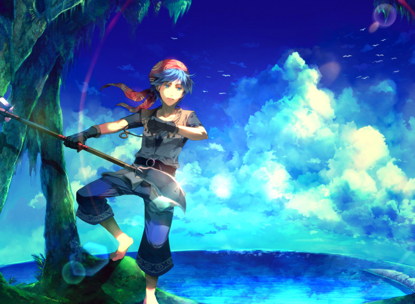 animal, bird, blue_eyes, blue_hair, chrono_cross, clouds, gloves, original, serge, sky, sunakumo, tree, water, weapon