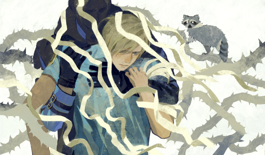 1boy, age_progression, arm_around_neck, black_coat, black_gloves, blonde_hair, blue_eyes, blue_shirt, coat, crying, gloves, highres, leon_s._kennedy, male_focus, raccoon, resident_evil, resident_evil_requiem, shirt, short_hair, tears, thorns, upper_body, white_background, xianyu_chuan