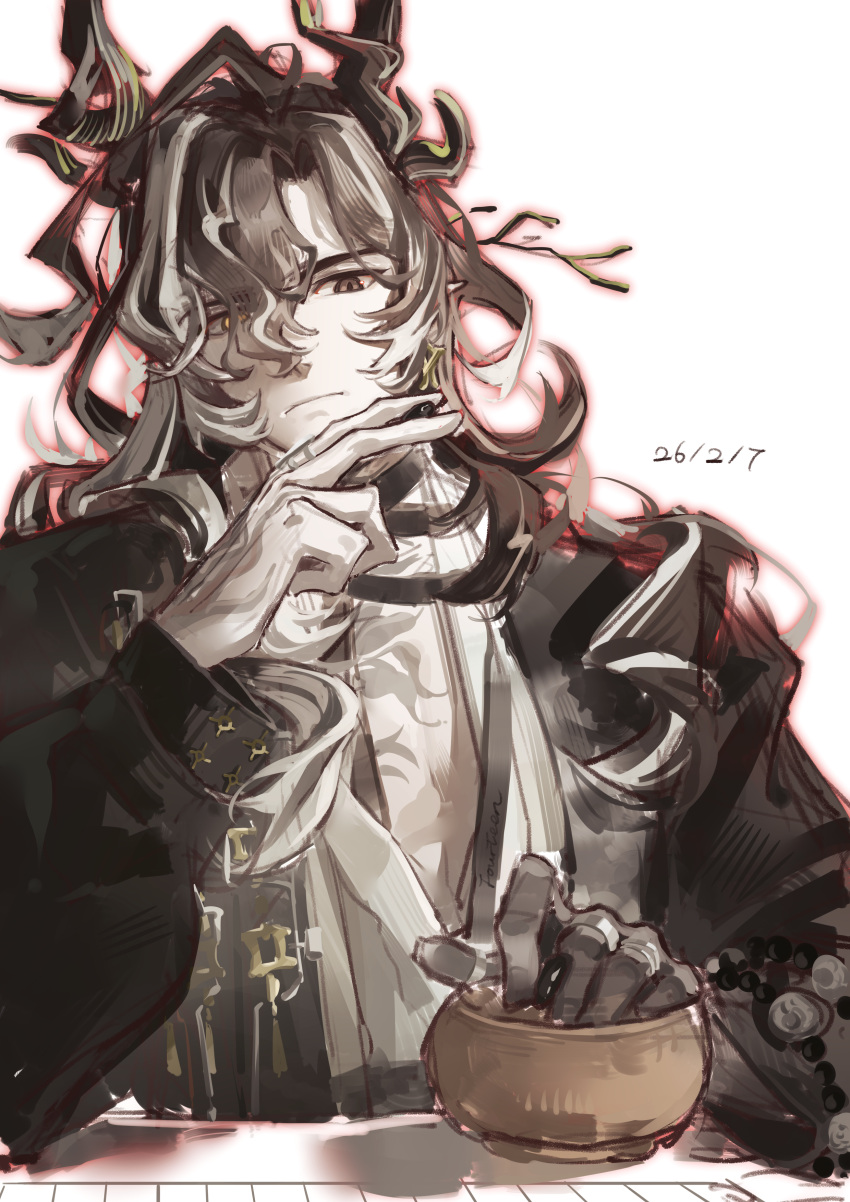 1boy, absurdres, arknights, bandaged_neck, bandages, black_bandages, black_hair, black_hands, chinese_commentary, closed_mouth, colored_extremities, commentary_request, dragon_boy, dragon_horns, earrings, eastern_dragon_horns, hair_between_eyes, highres, holding_go_stone, horns, huoli_da_zhanglang, jewelry, long_hair, long_sleeves, looking_at_viewer, male_focus, multicolored_hair, pointy_ears, solo, streaked_hair, upper_body, wang_(arknights), white_background, white_hands