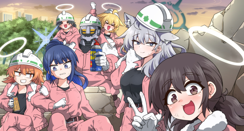 >_<, 1other, 6+girls, :d, absurdres, alternate_costume, animal_ears, black_hair