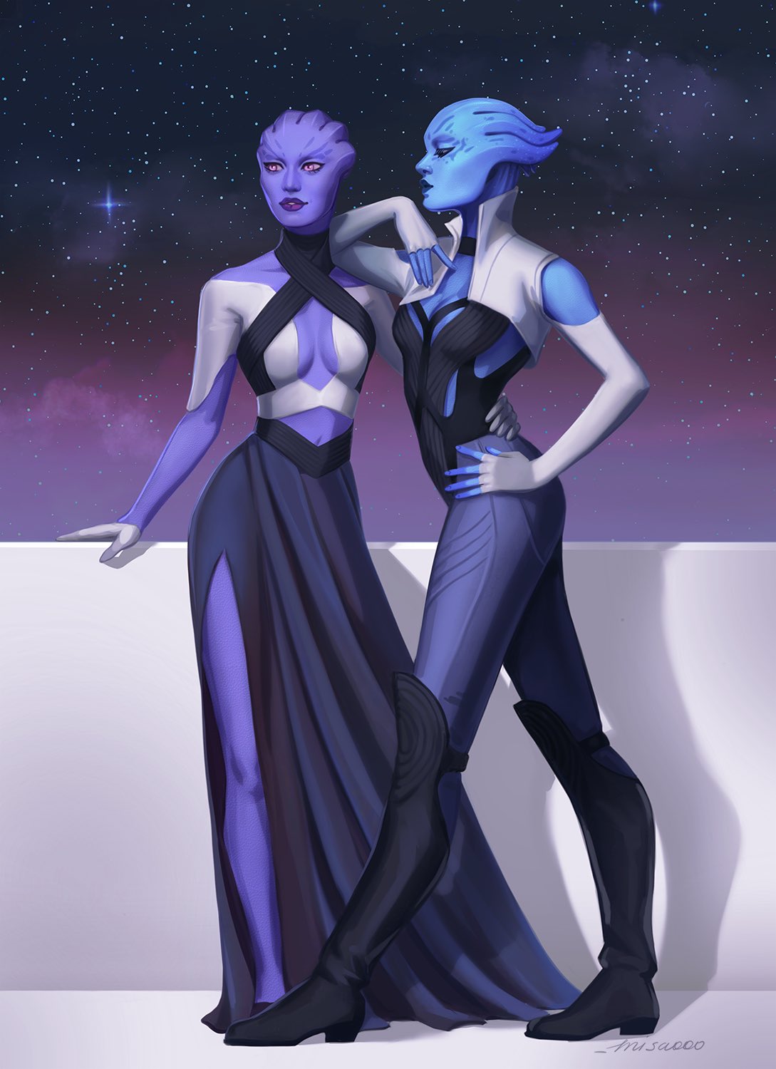 2girls, alien, asari_(mass_effect), black_boots, blue_skin, boots, breasts, clothing_cutout