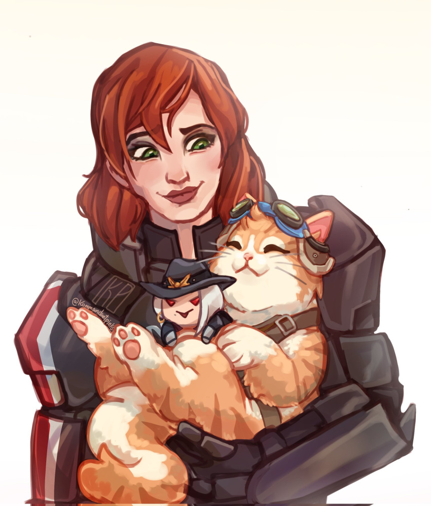 1girl, animal, armor, cat, commander_shepard, commander_shepard_(female), green_eyes, highres, holding, holding_animal, holding_cat, kommandantpinks, mass_effect_(series), red_hair, simple_background, solo, upper_body, white_background