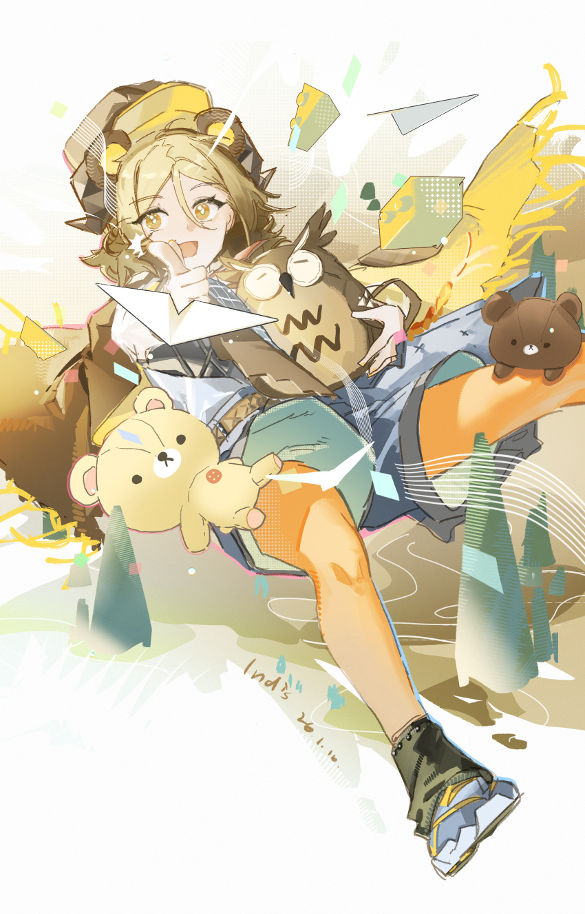 1girl, ^^^, abstract_background, absurdres, arknights, belt, blonde_hair, bloom, blue_shoes, blue_shorts, brown_belt, brown_hat, brown_socks, check_background, check_clothing, check_object, clothing_request, commentary, demon_girl, demon_horns, english_commentary, floating, hair_between_eyes, halftone, hat, highres, holding, holding_toy, horns, ifrit_(arknights), indis, looking_at_viewer, loose_hair_strand, open_mouth, paper_airplane, parted_bangs, pointing, pointing_at_viewer, pointy_ears, shirt, shoes, shorts, signature, smile, socks, solo, stuffed_animal, stuffed_owl, stuffed_toy, teddy_bear, toy, water, white_background, white_shirt, yellow_background, yellow_eyes, yellow_theme
