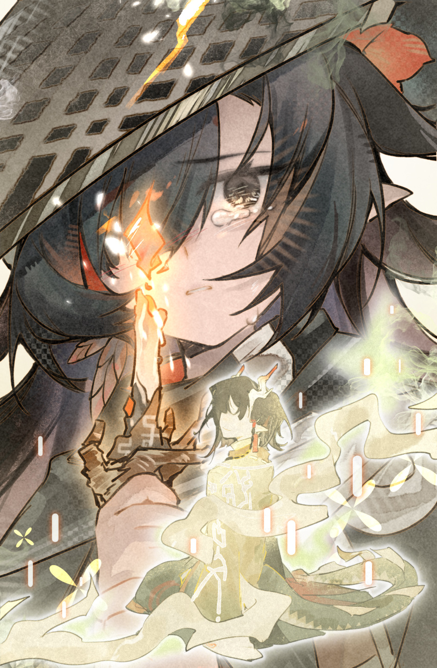 2girls, absurdres, arknights, black_eyes, black_hair, candle, chinese_clothes, chinese_commentary