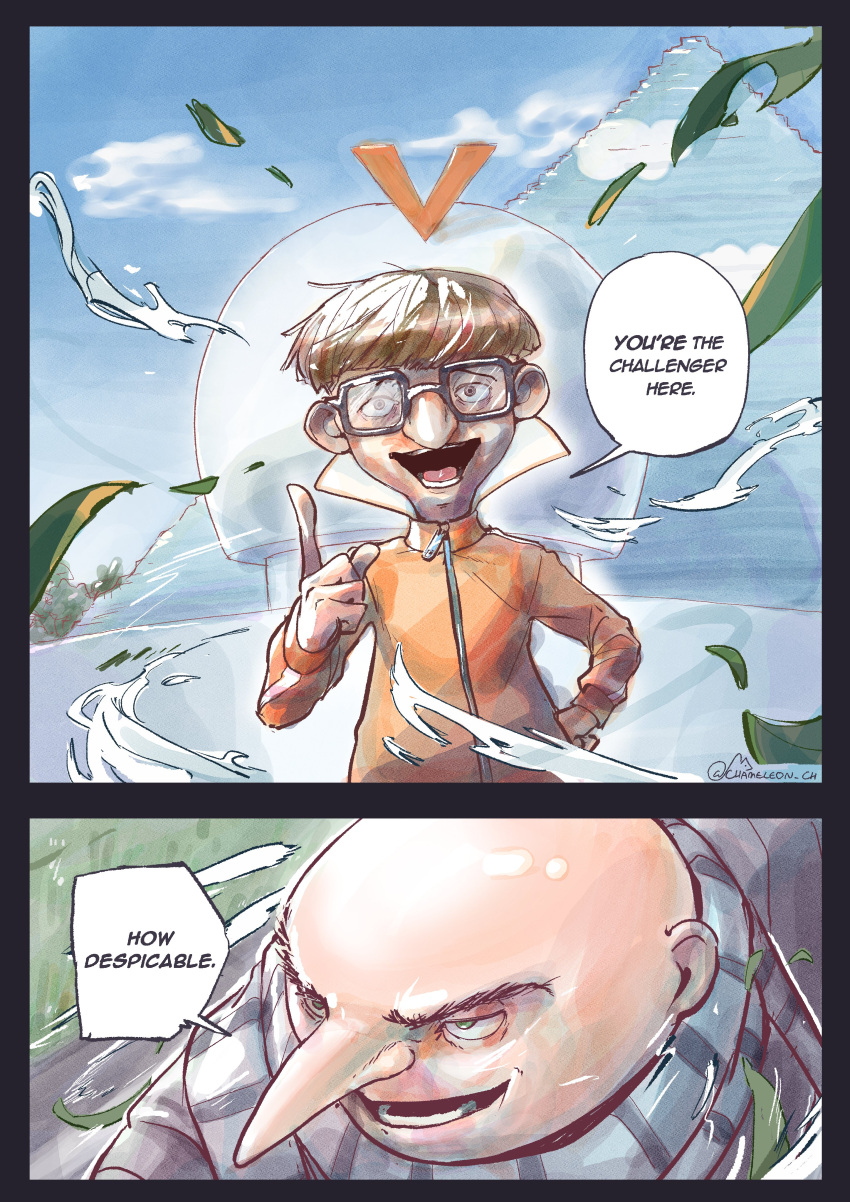 2boys, absurdres, bald, black_jacket, blue_eyes, brown_hair, chameleon_ch, commentary