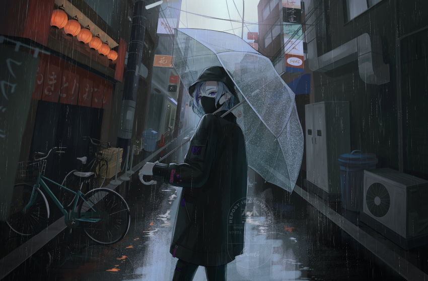 1boy, absurdres, bicycle, black_hat, black_jacket, black_mask, black_pants, bucket_hat