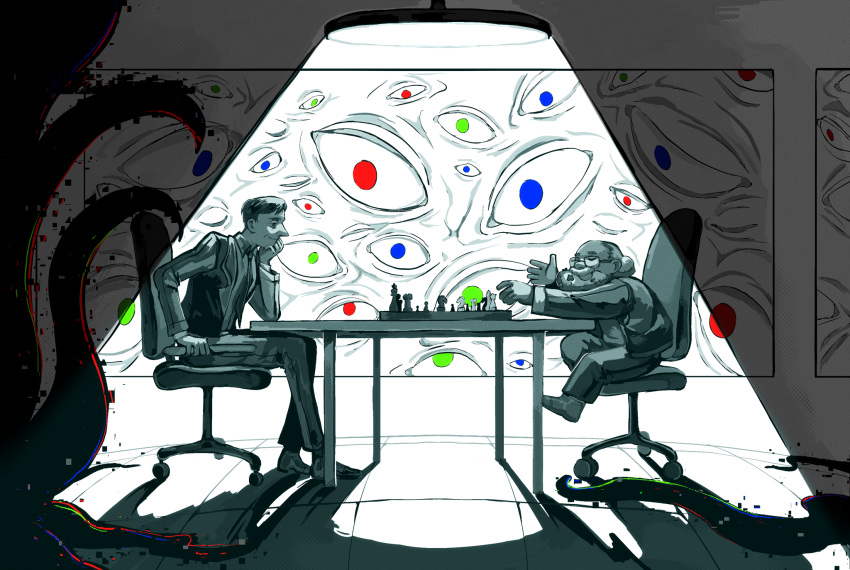 2boys, balding, beard, board_game, chair, chess, chess_piece, commentary