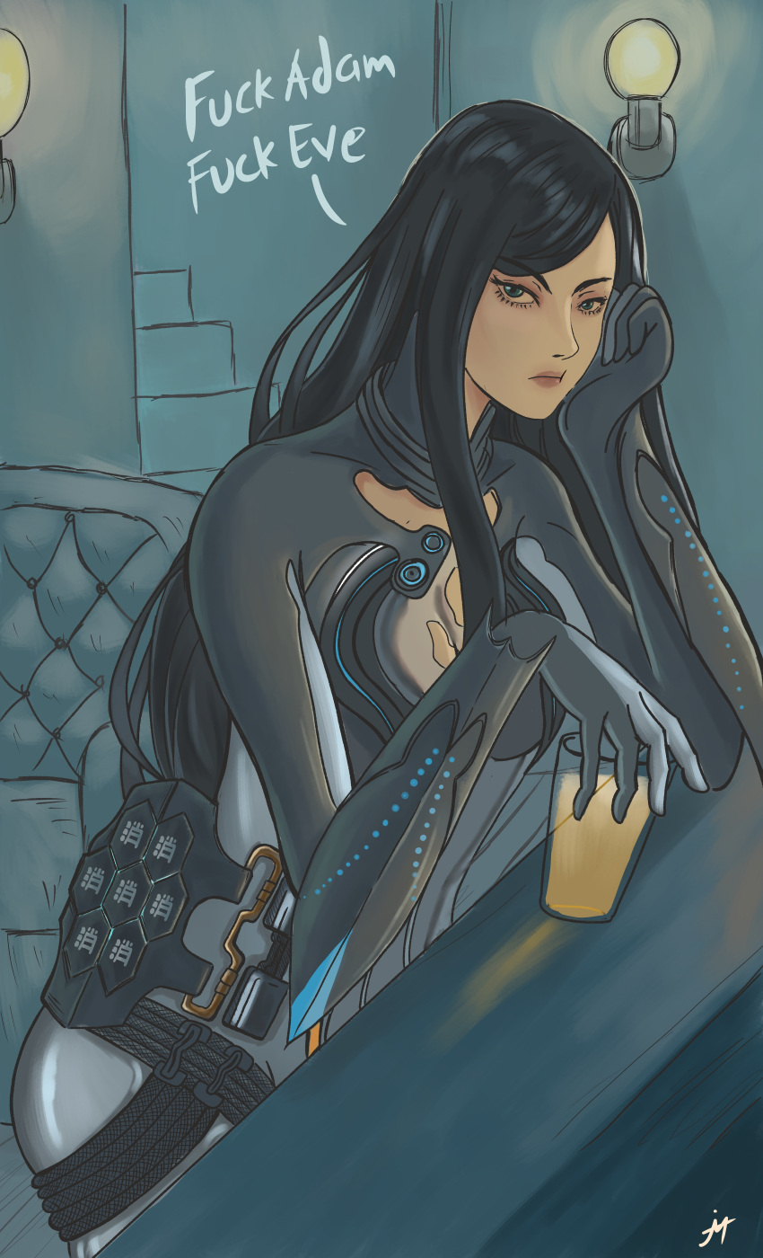 1girl, 2024, angry, black_hair, cup, deviantart, drink, female