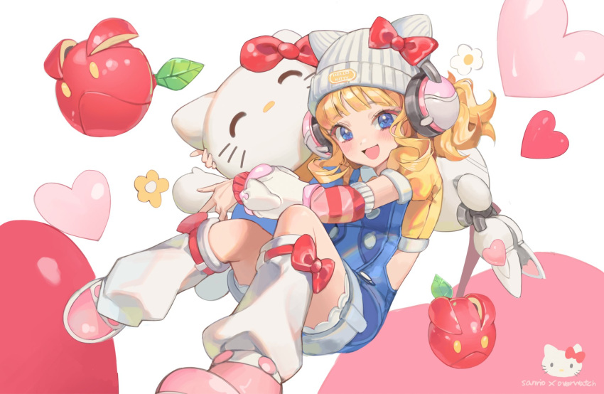 2girls, :3, :d, animal_hat, apple, blonde_hair, blue_eyes, blue_overalls