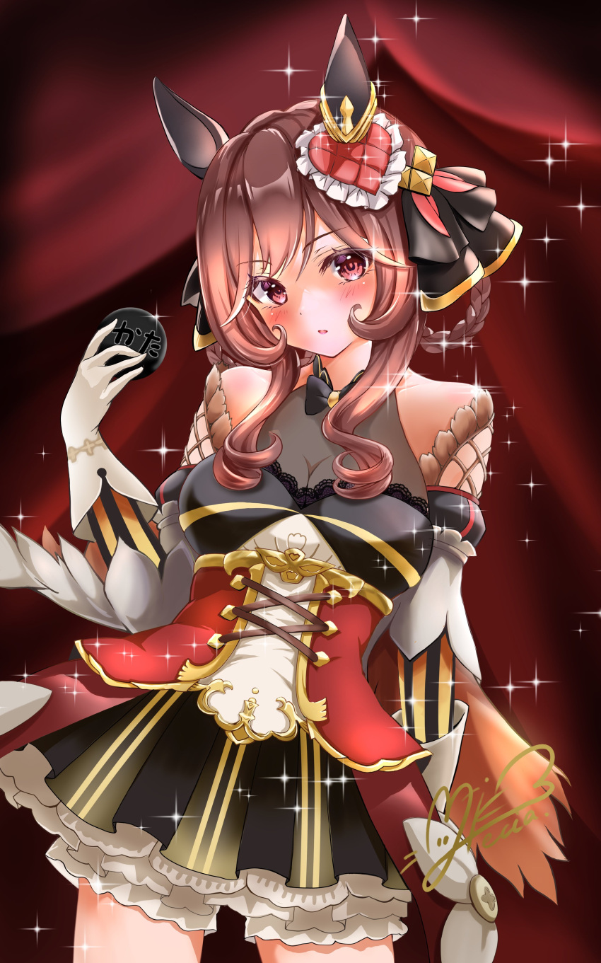 1girl, absurdres, animal_ears, black_skirt, blush, braid, braided_hair_rings, breasts, brown_hair, corset, curtains, ear_covers, ear_ornament, gentildonna_(racehorse), gentildonna_(umamusume), gloves, hair_between_eyes, hair_ornament, hair_rings, happy_birthday, highres, horse_ears, horse_girl, horse_tail, indoors, large_breasts, long_hair, looking_at_viewer, miki_lutecia, red_corset, red_eyes, single_ear_cover, skirt, smile, solo, tail, umamusume, white_gloves