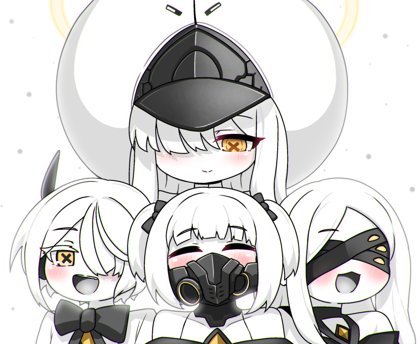 4girls, :d, ^_^, bare_shoulders, black_bow, blue_archive, bow, brown_eyes