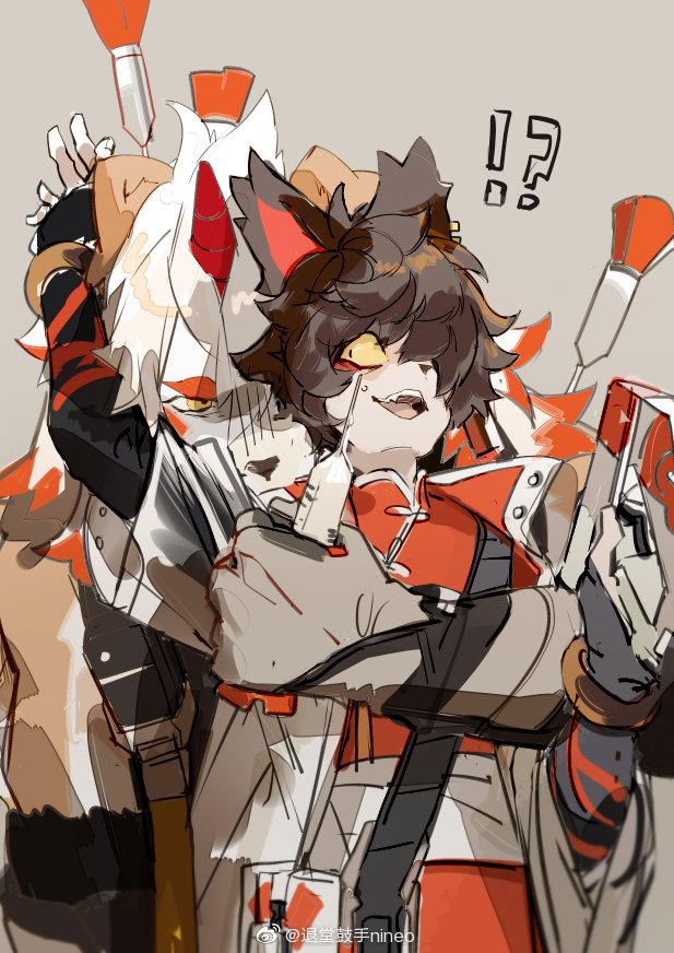 !?, 2boys, aak_(arknights), angry, arknights, chinese_commentary, colored_tips, commentary_request