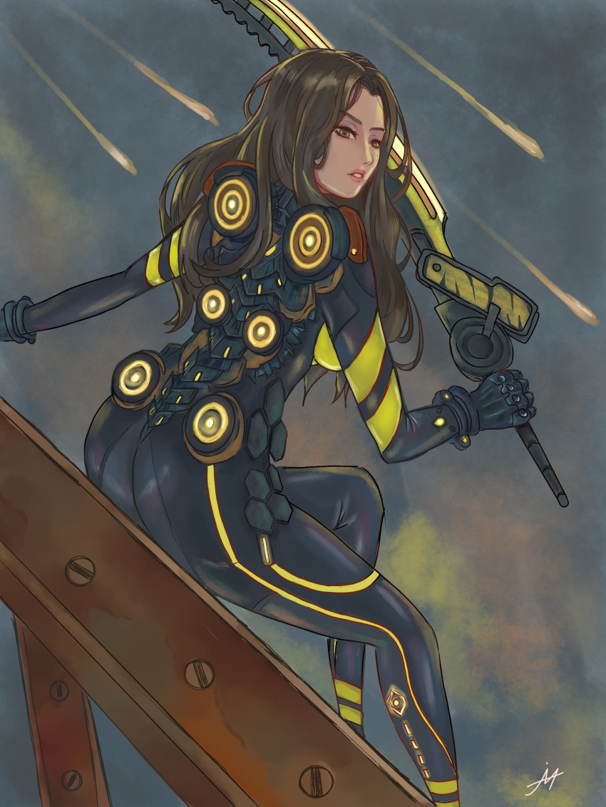 1girl, 2024, black_hair, deviantart, female, female_focus, female_only, from_behind, grey_background, hollowed-puppy-chan, long_hair, stellar_blade, sword, tachy_(stellar_blade), weapon
