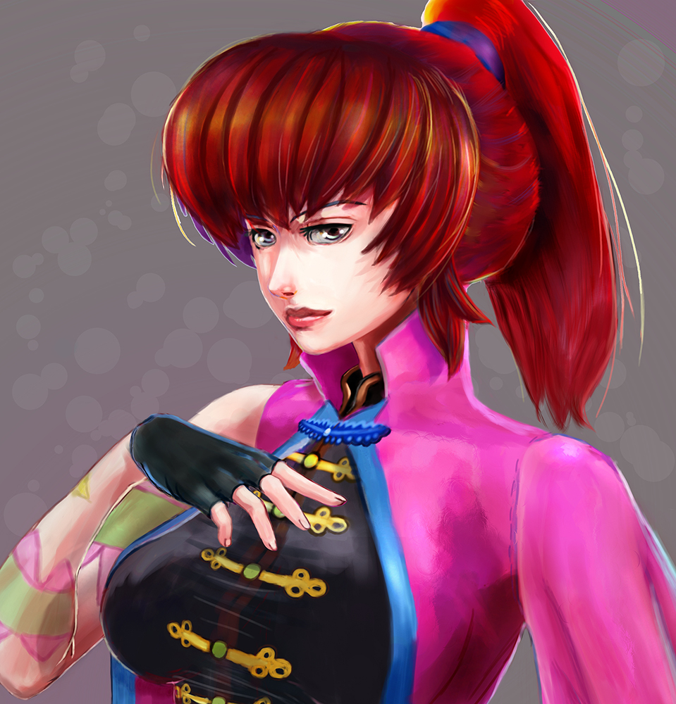 1girl, breasts, deviantart, drsaiko, female, female_focus, female_only, fingerless_gloves, grey_background, killer_instinct, killer_instinct_(2013), killer_instinct_(series), kim_wu, ponytail, red_hair