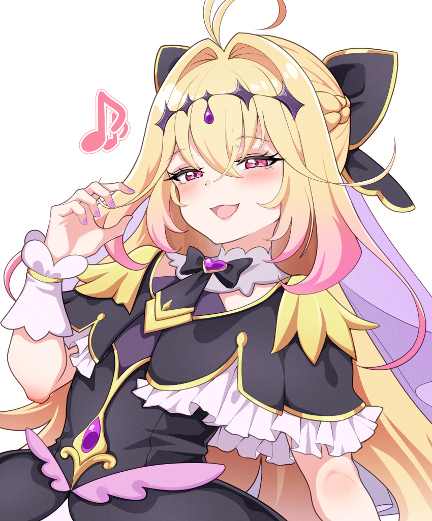 1girl, absurdres, antenna_hair, black_bow, black_dress, black_necktie, blonde_hair, blush