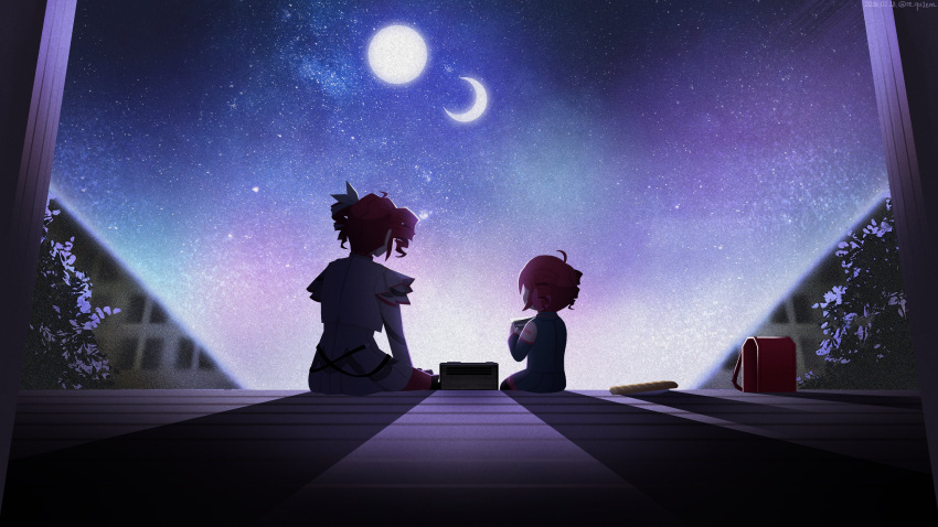 absurdres, aged_down, ahoge, artist_name, backpack, bag, baguette, black_gloves