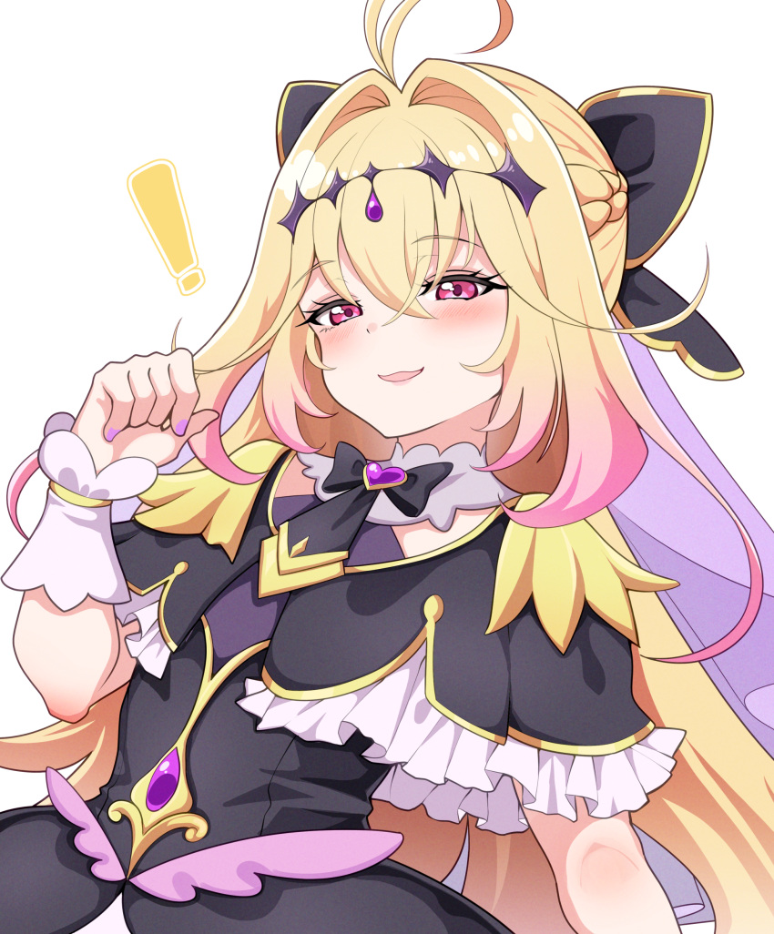 !, 1girl, absurdres, antenna_hair, black_bow, black_dress, black_necktie, blonde_hair