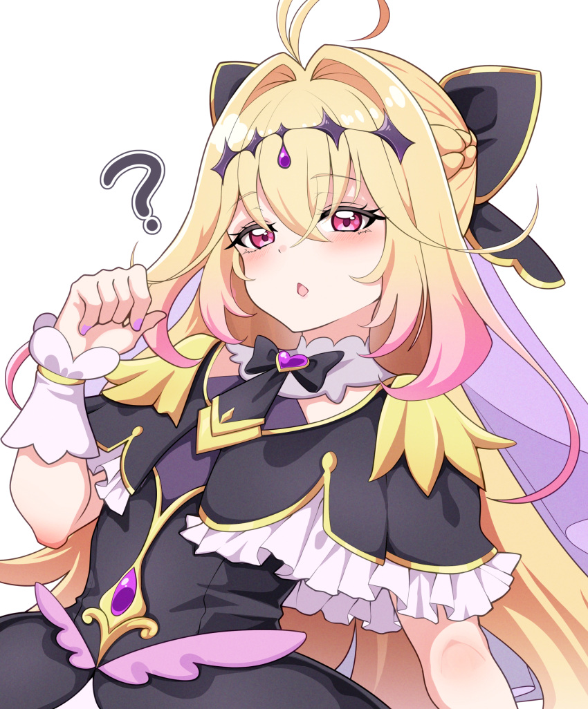 1girl, ?, absurdres, antenna_hair, black_bow, black_dress, black_necktie, blonde_hair