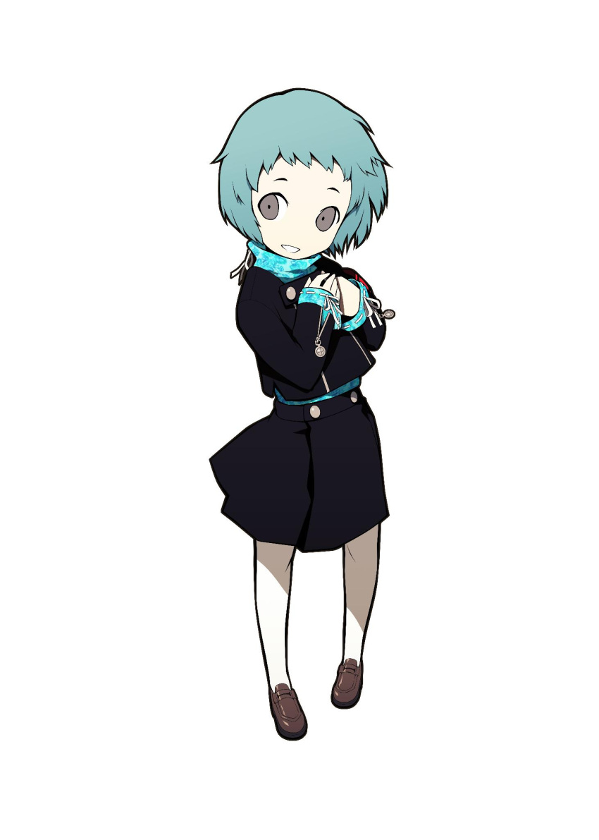 1girl, aqua_hair, aqua_sweater, black_jacket, black_skirt, brown_shoes, commentary, english_commentary