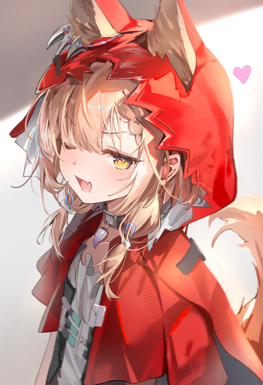 1girl, :d, absurdres, animal_collar, animal_ears, arknights, arknights:_endfield, belt, belt_collar, black_belt, blonde_hair, cape, collar, commentary_request, fang, heart, highres, light_blush, looking_at_viewer, medium_hair, mojo_(mojoawa), one_eye_closed, open_mouth, red_cape, red_hood, rossi_(arknights), shirt, short_twintails, skin_fang, smile, solo, tail, twintails, upper_body, white_shirt, wolf_ears, wolf_girl, wolf_tail, yellow_eyes