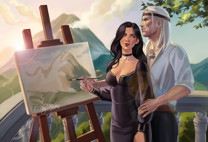 1boy, 1girl, absurdres, artnaven, black_choker, black_dress, black_hair, black_pants