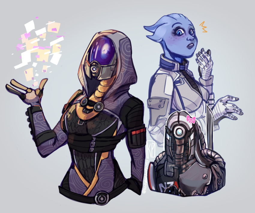 2girls, alien, asari_(mass_effect), blue_eyes, blue_skin, colored_skin, grey_background, helmet