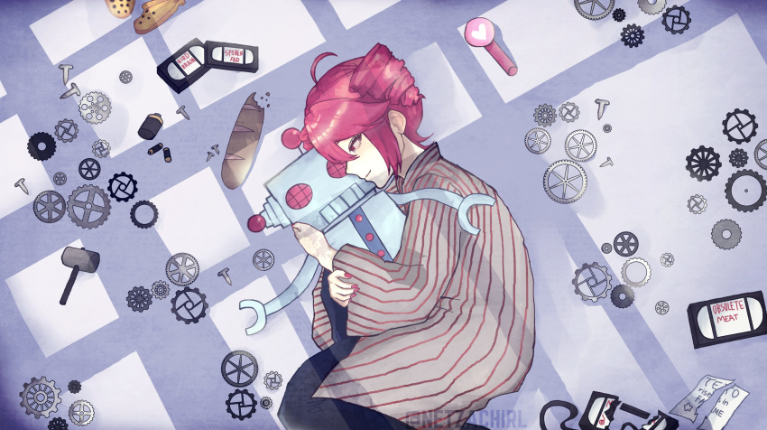 absurdres, ahoge, alternate_costume, artist_name, baguette, black_pants, bread, cassette_tape